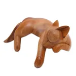 Wood sculpture, 'Relaxed Cat' - Natural Finish Suar Wood Sleeping Cat Sculpture from Bali