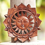 Floral Sun-Themed Suar Wood Relief Panel from Bali, 'Sun Flower'