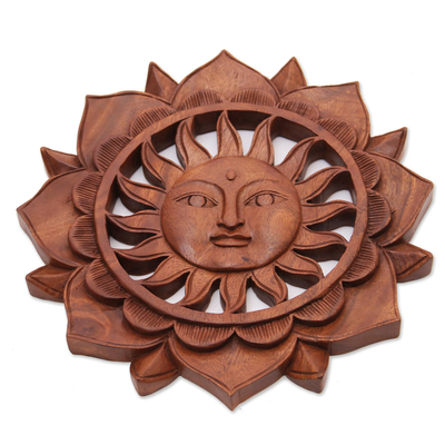 Wood relief panel, 'Sun Flower' - Floral Sun-Themed Suar Wood Relief Panel from Bali