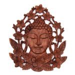Wood relief panel, 'Flowery Buddha' - Floral Buddha-Themed Suar Wood Relief Panel from Bali