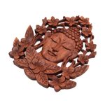Wood relief panel, 'Flowery Buddha' - Floral Buddha-Themed Suar Wood Relief Panel from Bali