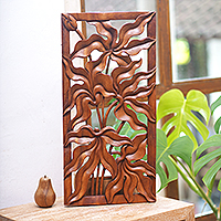 Wood relief panel, 'Deep Forest' - Leafy Rectangular Suar Wood Relief Panel from Bali
