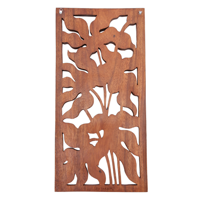Panel en relieve de madera - Panel con relieve de madera de suar rectangular frondoso de Bali