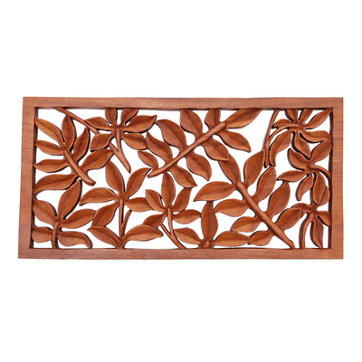 Panel en relieve de madera - Panel en relieve de madera de suar con motivo de hojas de Bali