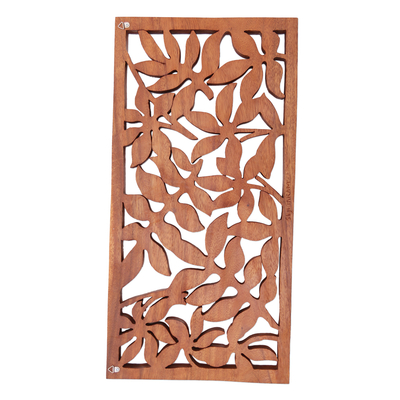 Panel en relieve de madera - Panel en relieve de madera de suar con motivo de hojas de Bali