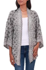 Rayon kimono jacket, 'Nebula in Pewter' - Rayon Kimono Jacket in Pewter from Bali