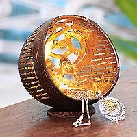 Coconut shell catchall, 'Golden Palace' - Openwork Pattern Coconut Shell Catchall from Bali