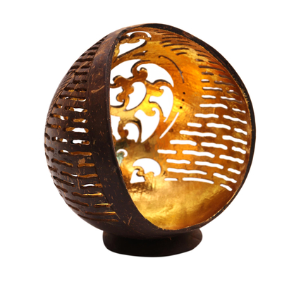 Coconut shell catchall, 'Golden Palace' - Openwork Pattern Coconut Shell Catchall from Bali