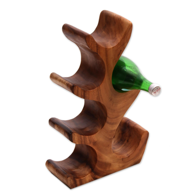 Hand-Carved Suar Wood Wine Holder for 6 from Bali