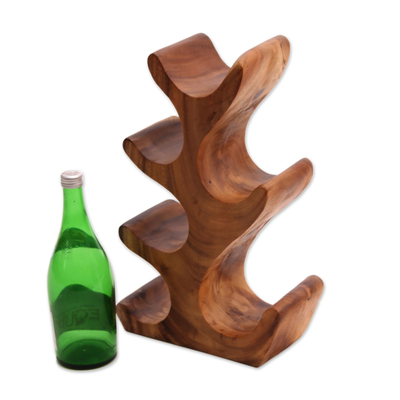 Weinbehälter aus Holz, 'Bottle Tree' (Flaschenbaum) - Handgeschnitzter Suar-Holz-Weinhalter für 6 Personen aus Bali