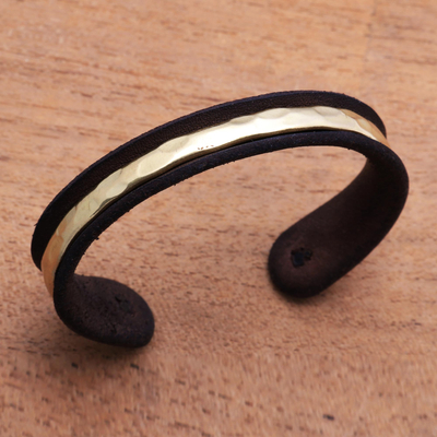 Leather and brass cuff bracelet, 'Urban Between' - Sterling Silver and Brass Cuff Bracelet from Bali