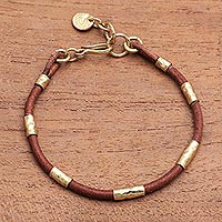 Leather and Brass Beaded Cord Bracelet from Bali,'Banded Snake'