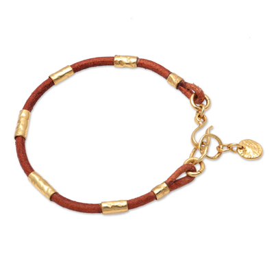 Leather and brass beaded cord bracelet, 'Banded Snake' - Leather and Brass Beaded Cord Bracelet from Bali
