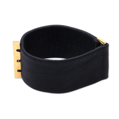 Leather wristband bracelet, 'Contemporary Line' - Leather and Brass Wristband Bracelet from Bali
