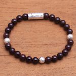 Garnet beaded bracelet, 'Hammered Beauty' - Garnet and Hammered Silver Beaded Bracelet from Bali