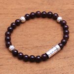 Garnet beaded bracelet, 'Hammered Beauty' - Garnet and Hammered Silver Beaded Bracelet from Bali