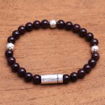 Garnet beaded bracelet, 'Hammered Beauty' - Garnet and Hammered Silver Beaded Bracelet from Bali