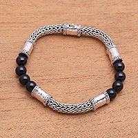 Pulsera de cadena con cuentas de ónix y plata de primera ley - Pulsera de cadena con cuentas de plata de ley y ónix de Bali