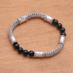 Onyx and sterling silver beaded chain bracelet, 'Agreeable Union' - Onyx and Sterling Silver Beaded Chain Bracelet from Bali