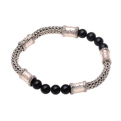 Onyx and sterling silver beaded chain bracelet, 'Agreeable Union' - Onyx and Sterling Silver Beaded Chain Bracelet from Bali