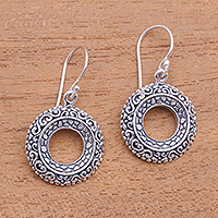 Circular Sterling Silver Dangle Earrings from Bali,'Jungle Hoops'