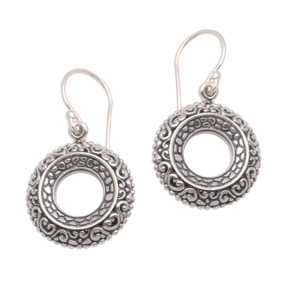 Sterling silver dangle earrings, 'Jungle Hoops' - Circular Sterling Silver Dangle Earrings from Bali