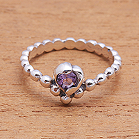 Amethyst solitaire ring, 'Lined with Dots' - Dot Pattern Amethyst Solitaire Ring from Bali