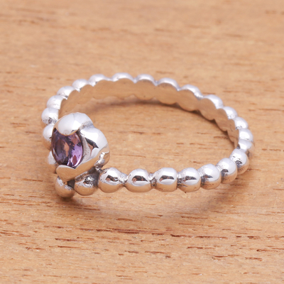 Amethyst solitaire ring, 'Lined with Dots' - Dot Pattern Amethyst Solitaire Ring from Bali
