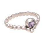 Amethyst solitaire ring, 'Lined with Dots' - Dot Pattern Amethyst Solitaire Ring from Bali