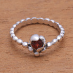 Garnet solitaire ring, 'Lined with Dots' - Dot Pattern Garnet Solitaire Ring from Bali
