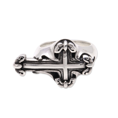 Sterling silver cocktail ring, 'Horizontal Cross' - Sterling Silver Cross Cocktail Ring from Bali