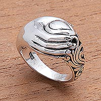 Sterling silver band ring, 'Soul in Hand'