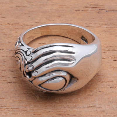 Sterling silver band ring, 'Soul in Hand' - Sterling Silver Hand Band Ring from Bali