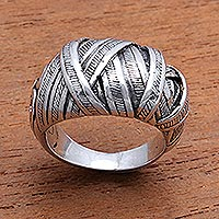 Sterling silver band ring, 'Wrapped Songket'