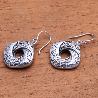 Sterling silver dangle earrings, 'Rich Songket' - Songket Pattern Sterling Silver Dangle Earrings from Bali