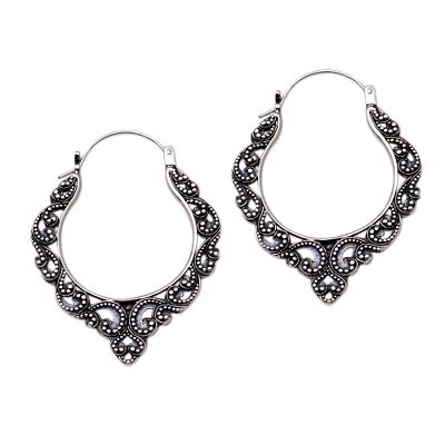 Sterling silver hoop earrings, 'Singaraja Bliss' - Patterned Sterling Silver Hoop Earrings from Bali