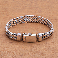 Men's sterling silver chain bracelet, 'Bold Twins'