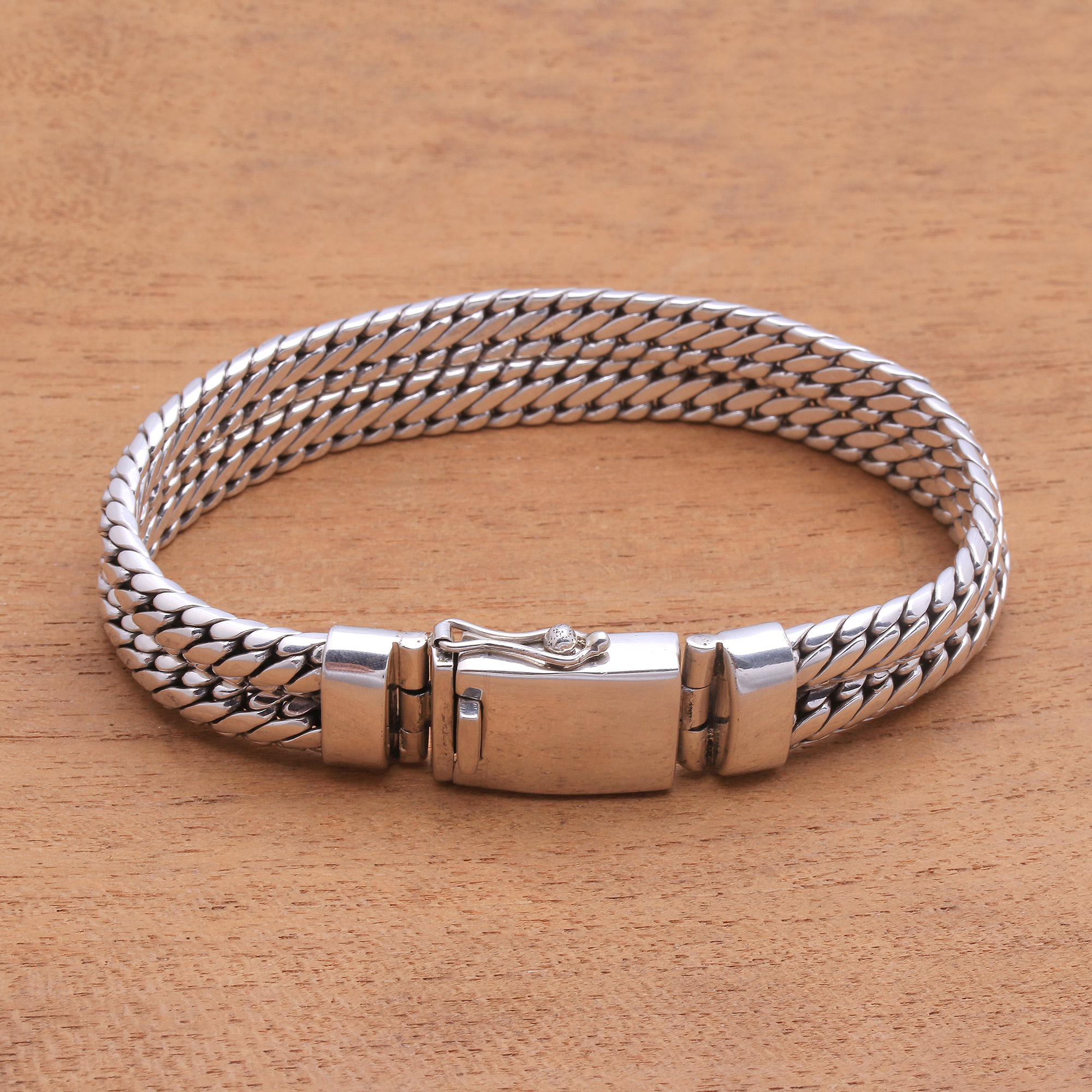 Men's Sterling Silver Chain Bracelet from Bali, 'Bold Twins'