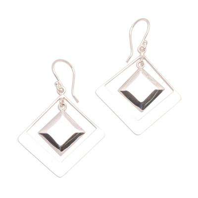Sterling silver dangle earrings, 'Square Within' - Modern Square Sterling Silver Dangle Earrings from Bali