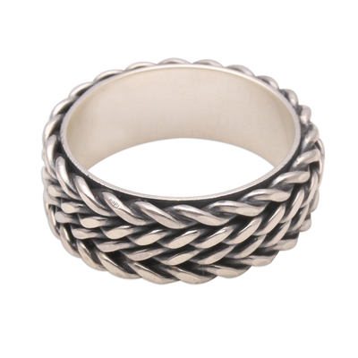 Sterling silver band ring, 'Foxtail Twins' - Foxtail Pattern Sterling Silver Band Ring from Bali