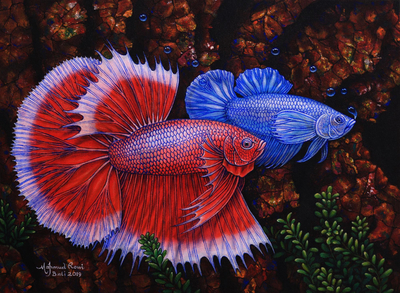 'A Couple of Mature Betta Fish' - Pintura firmada de pez Betta rojo y azul de Bali