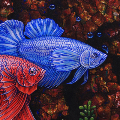 'A Couple of Mature Betta Fish' - Pintura firmada de pez Betta rojo y azul de Bali
