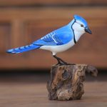 Wood sculpture, 'Perched Blue Jay' - Hand-Painted Wood Blue Jay Sculpture from Bali