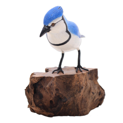 Wood sculpture, 'Perched Blue Jay' - Hand-Painted Wood Blue Jay Sculpture from Bali