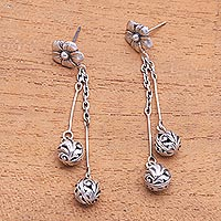 Sterling silver dangle earrings, 'Flowery Dew' - Floral Sterling Silver Dangle Earrings Crafted in Bali
