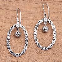 Sterling silver dangle earrings, 'Dainty Dew' - Oval Patterned Sterling Silver Dangle Earrings from Bali
