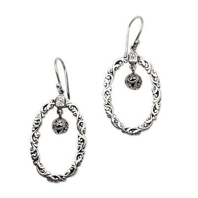 Sterling silver dangle earrings, 'Dainty Dew' - Oval Patterned Sterling Silver Dangle Earrings from Bali