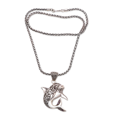 Sterling silver and amethyst pendant necklace, 'Lovina Dolphin' - Sterling Silver and Amethyst Dolphin Pendant Necklace
