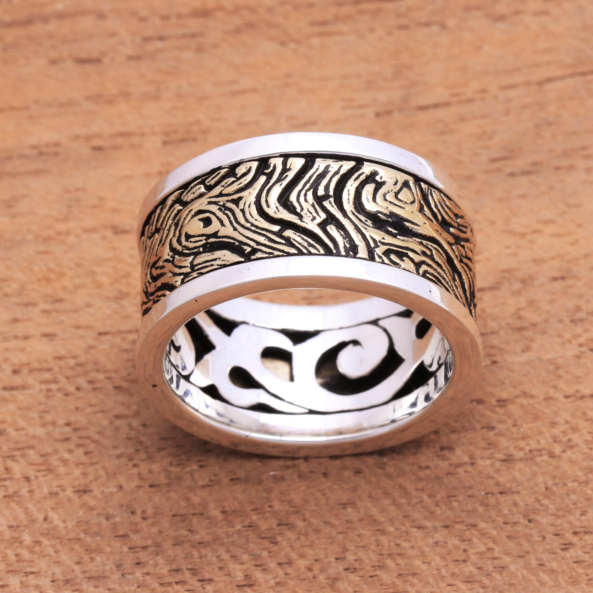 "2 Tone" SPINNER ART Ring 11 mm Wide 925 STERLING Silver Brass Handmade Jewel