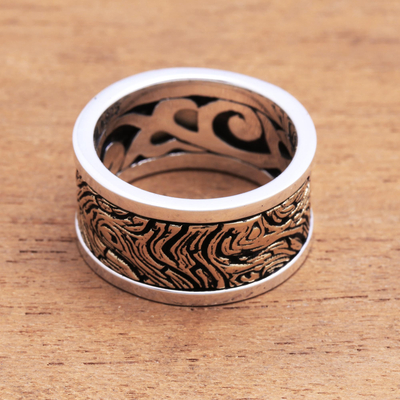 Men's sterling silver and brass band ring, 'Sandstorm' - Men's Patterned Sterling Silver and Brass Band Ring